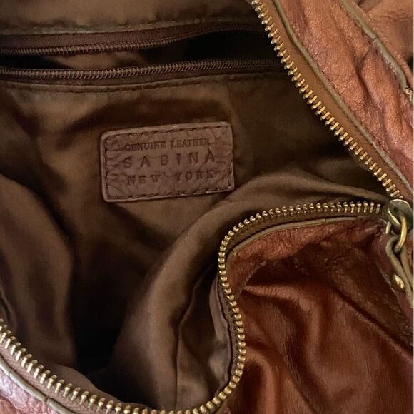 Sabina New York - Large Brown Plated Slouchy Boho Shoulder Leather Bag Coquillle - Picture 8 of 11